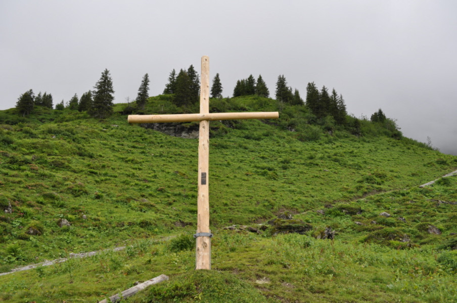 ein neues Alpkreut steht vor einem hochaufragenden grünen Hügel mit Wald auf seiner Kuppe